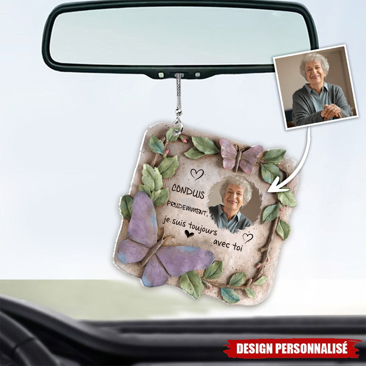 Ornement de Voiture Personnalisé – Papillon Commémoratif avec Photo et Message Touchant