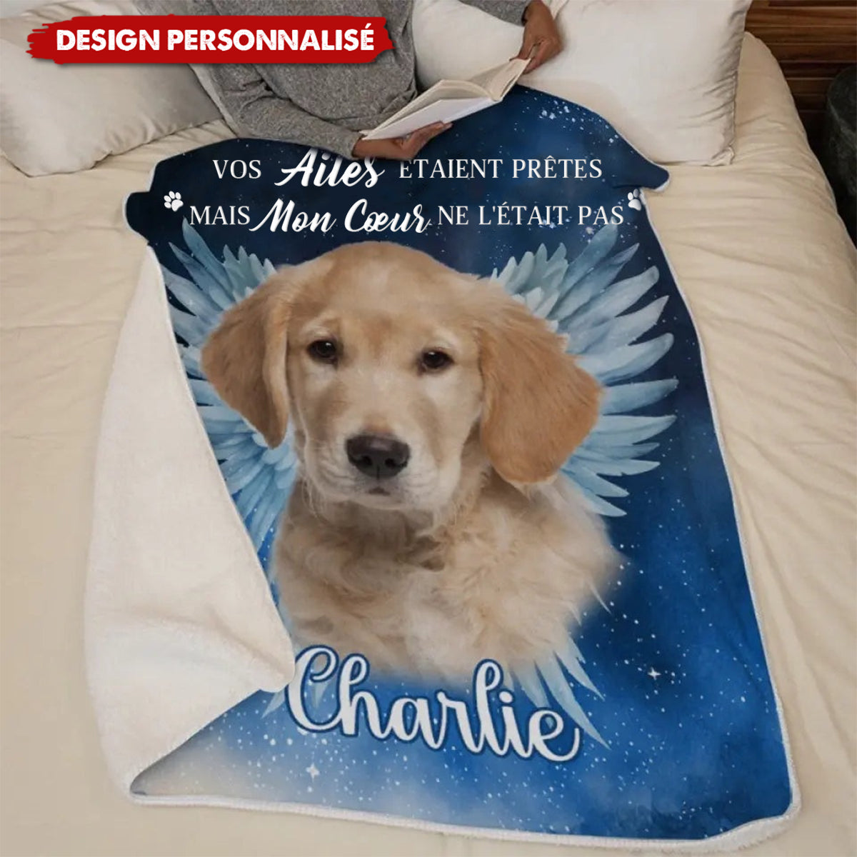 Couverture Personnalisée avec Photo d’Animal – Hommage Émotionnel avec Ailes d’Ange et Prénom