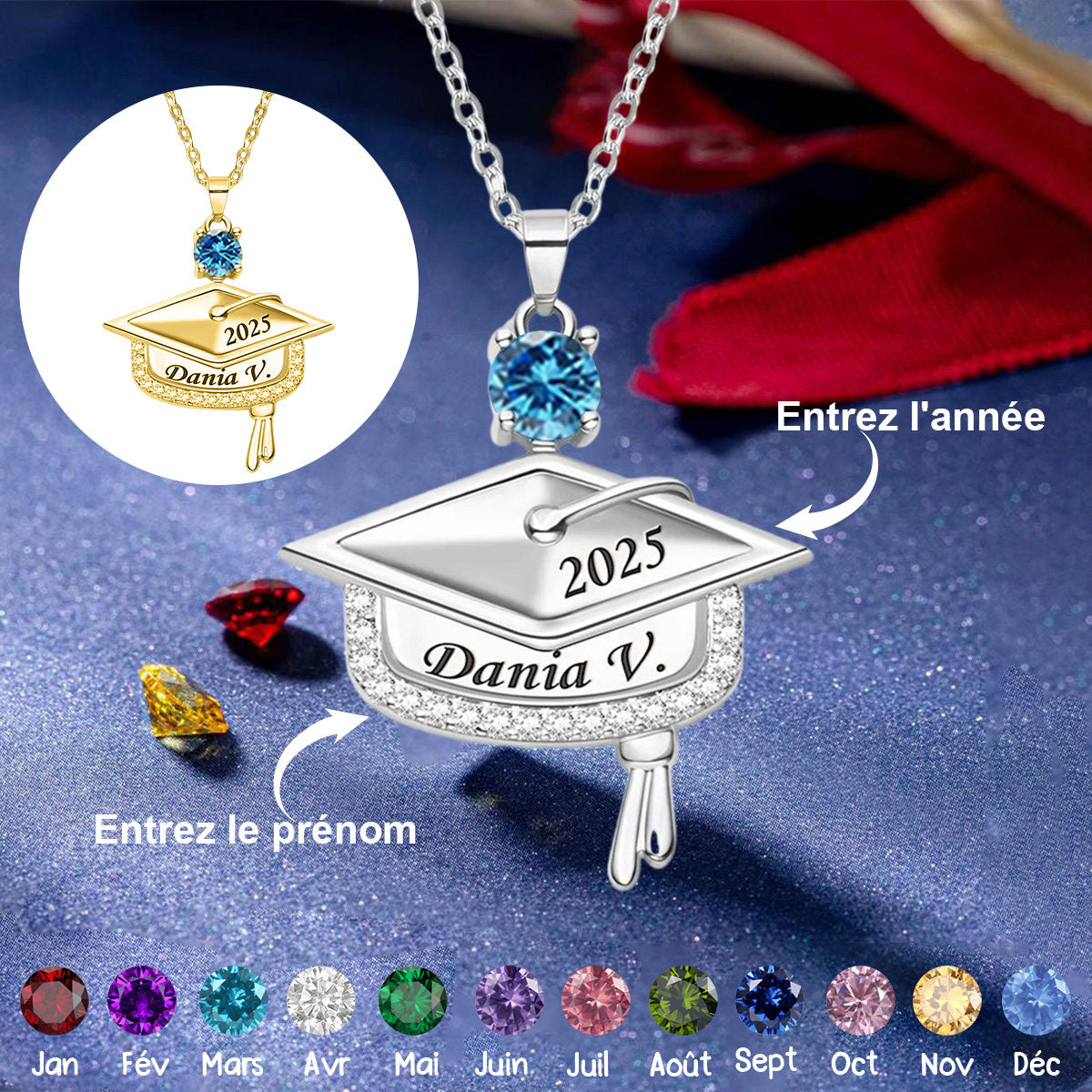 Collier Personnalisé de Remise de Diplôme avec Pierre de Naissance – Cadeau Mémorable