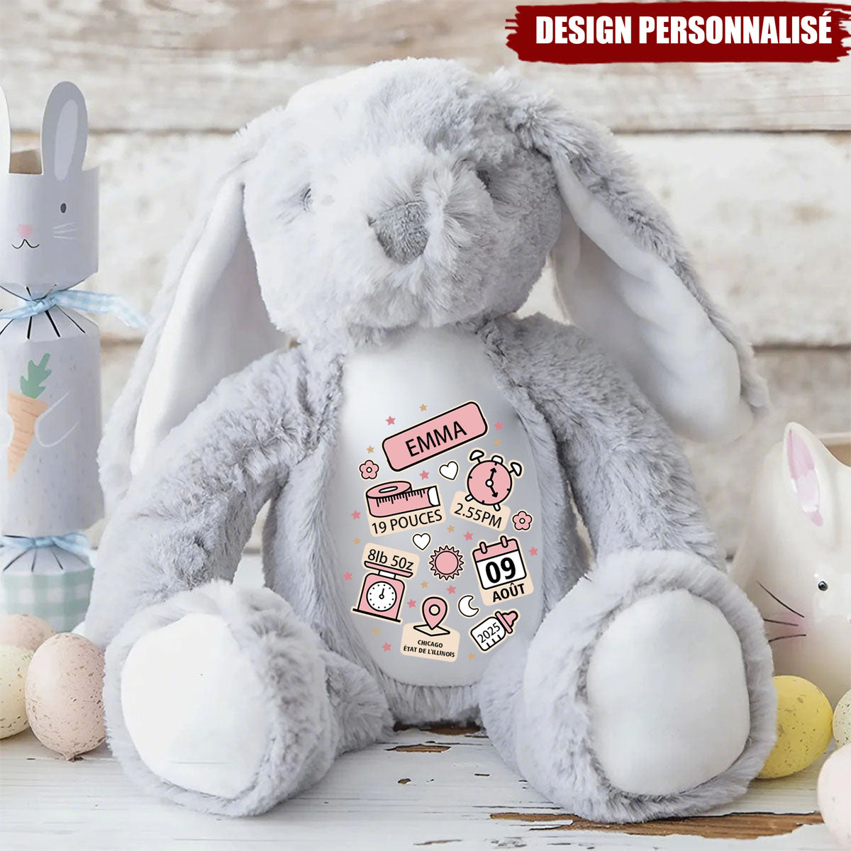 Peluche lapin personnalisée – Souvenir de naissance unique