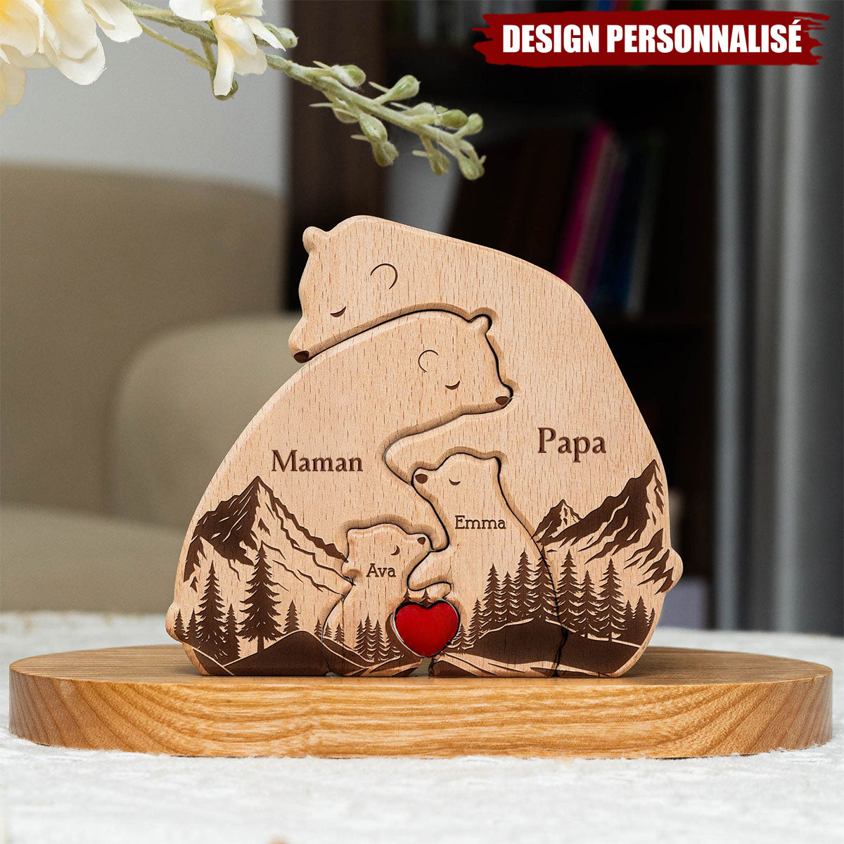 Nouvelle Version de la Famille d'Ours Enlacés – Puzzle en Bois Personnalisé de la Famille Ours