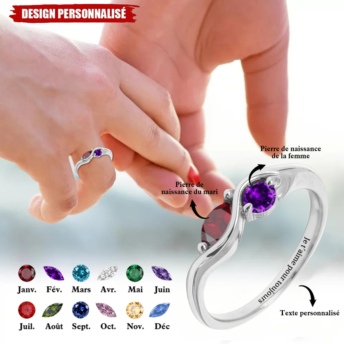 Bague Personnalisée avec Pierres de Naissance – Bijou d’Amour pour Couple