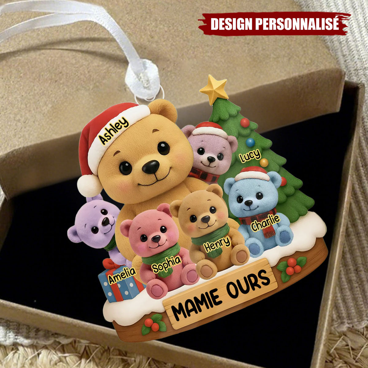 Ornement de Noël Personnalisé en Acrylique – Famille d’Ours avec Prénoms et Sapin