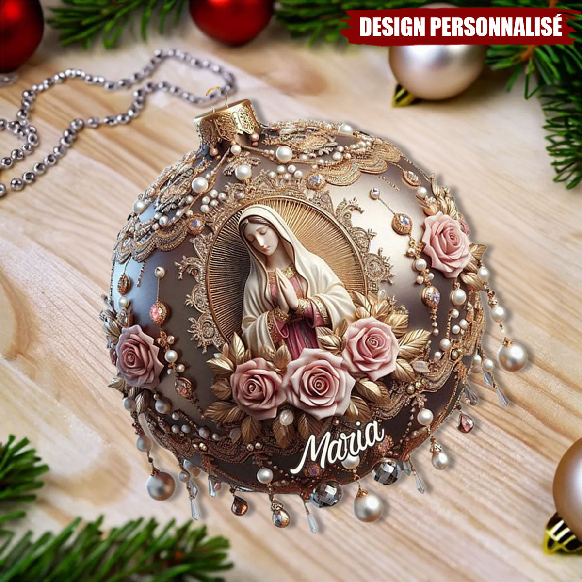 Ornement Chrétien Personnalisé – Vierge Marie et Roses Élégantes