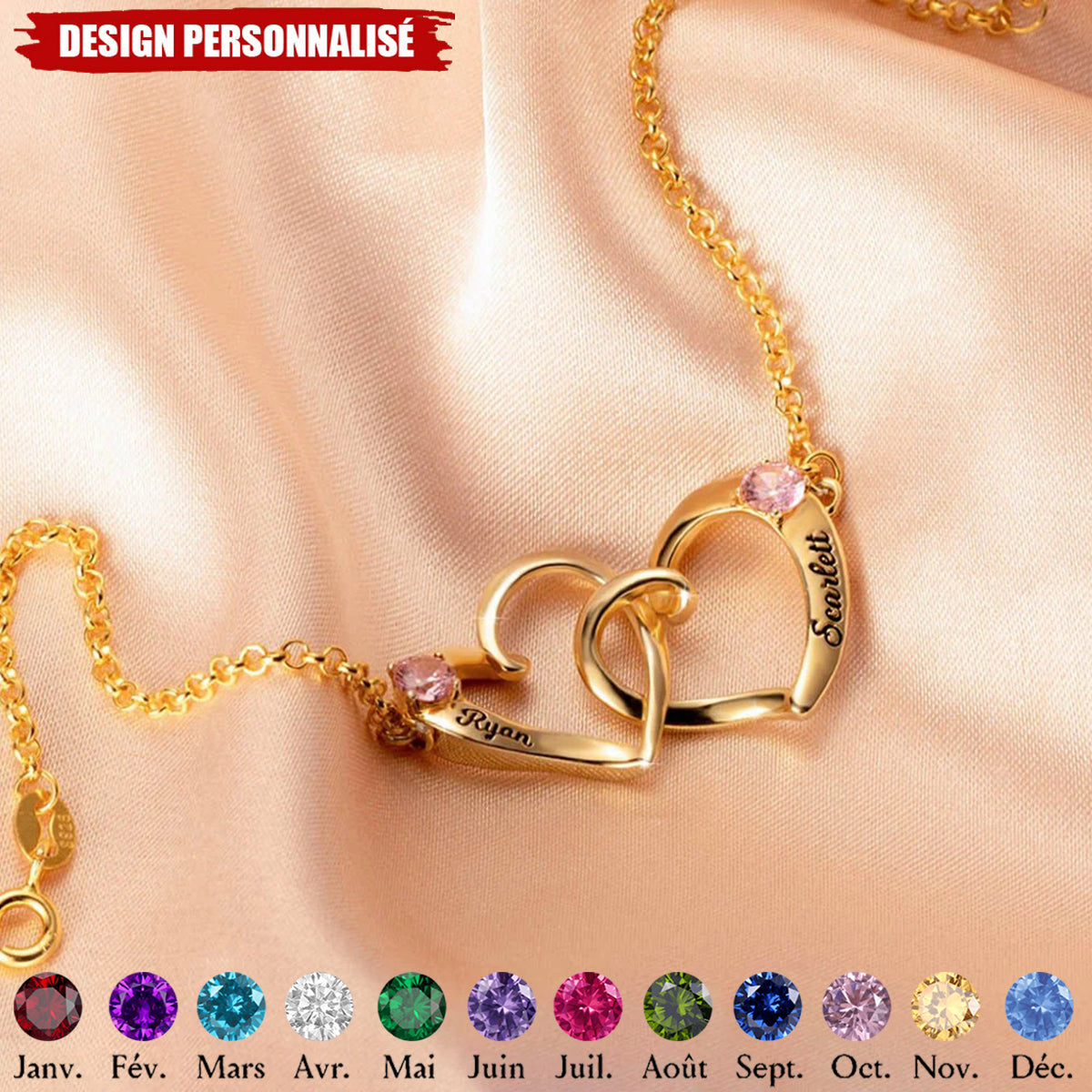 Bracelet Personnalisé Cœurs Entrelacés avec Pierres de Naissance - Cadeau Émotionnel et Élégant