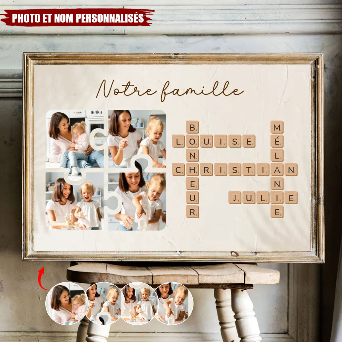 Personnalisé Tableau Scrabble "Notre Famille" avec Photos et Prénoms