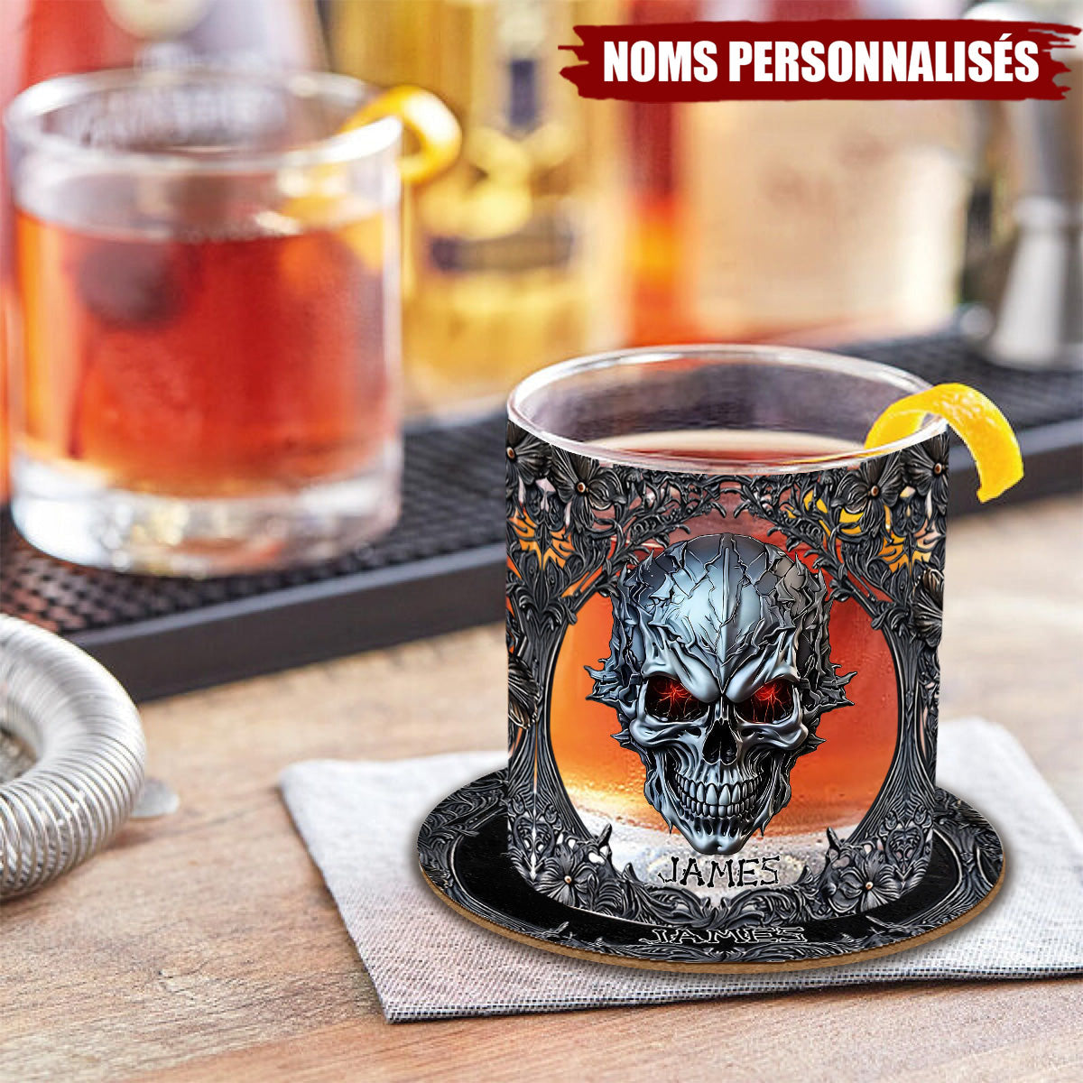 Verre à Whisky Crâne Métallique Personnalisé – Gravure de Nom