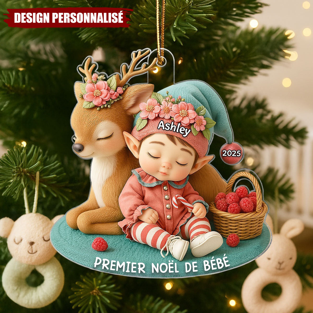Suspension de Noël en Acrylique Personnalisée – Premier Noël de Bébé avec Petit Renne