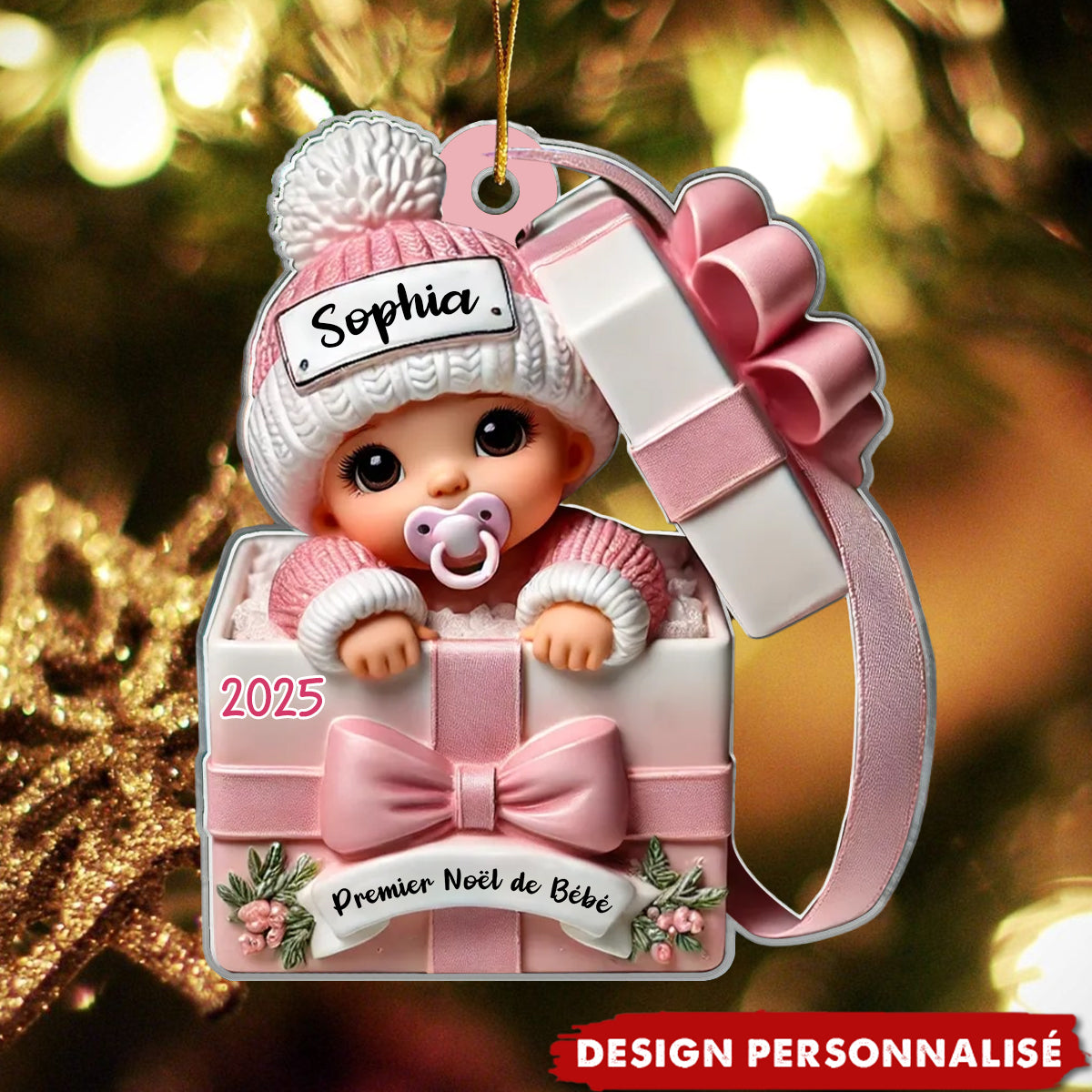 Suspension Acrylique Personnalisée – Bébé dans une Boîte Cadeau – Cadeau pour Nouveau-né