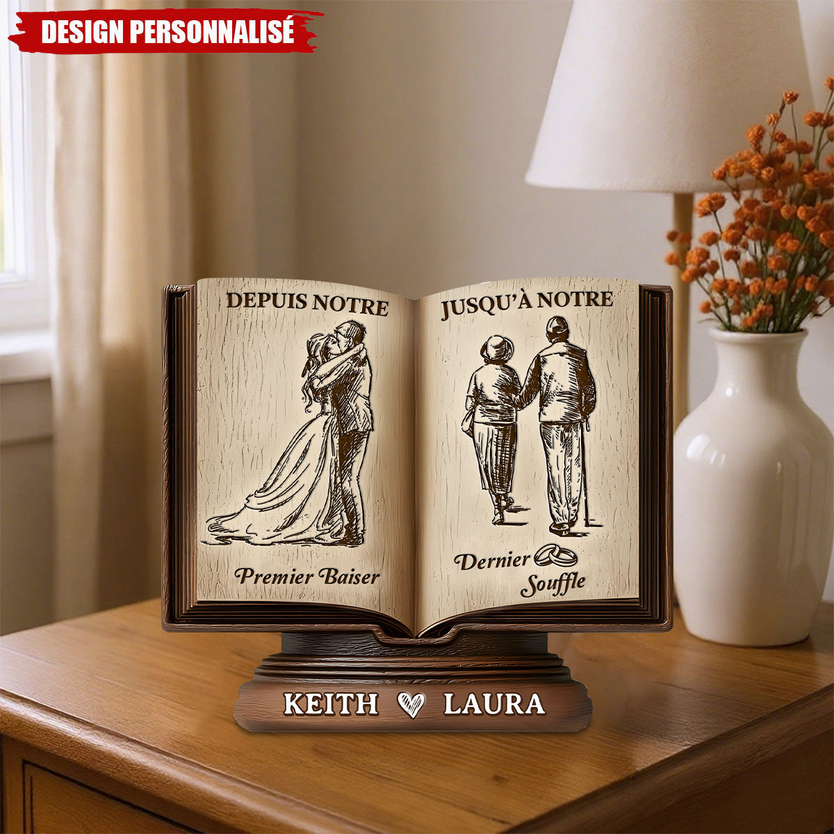 Plaque Personnalisée en Forme de Livre – “Depuis Notre Premier Baiser Jusqu’à Notre Dernier Souffle”