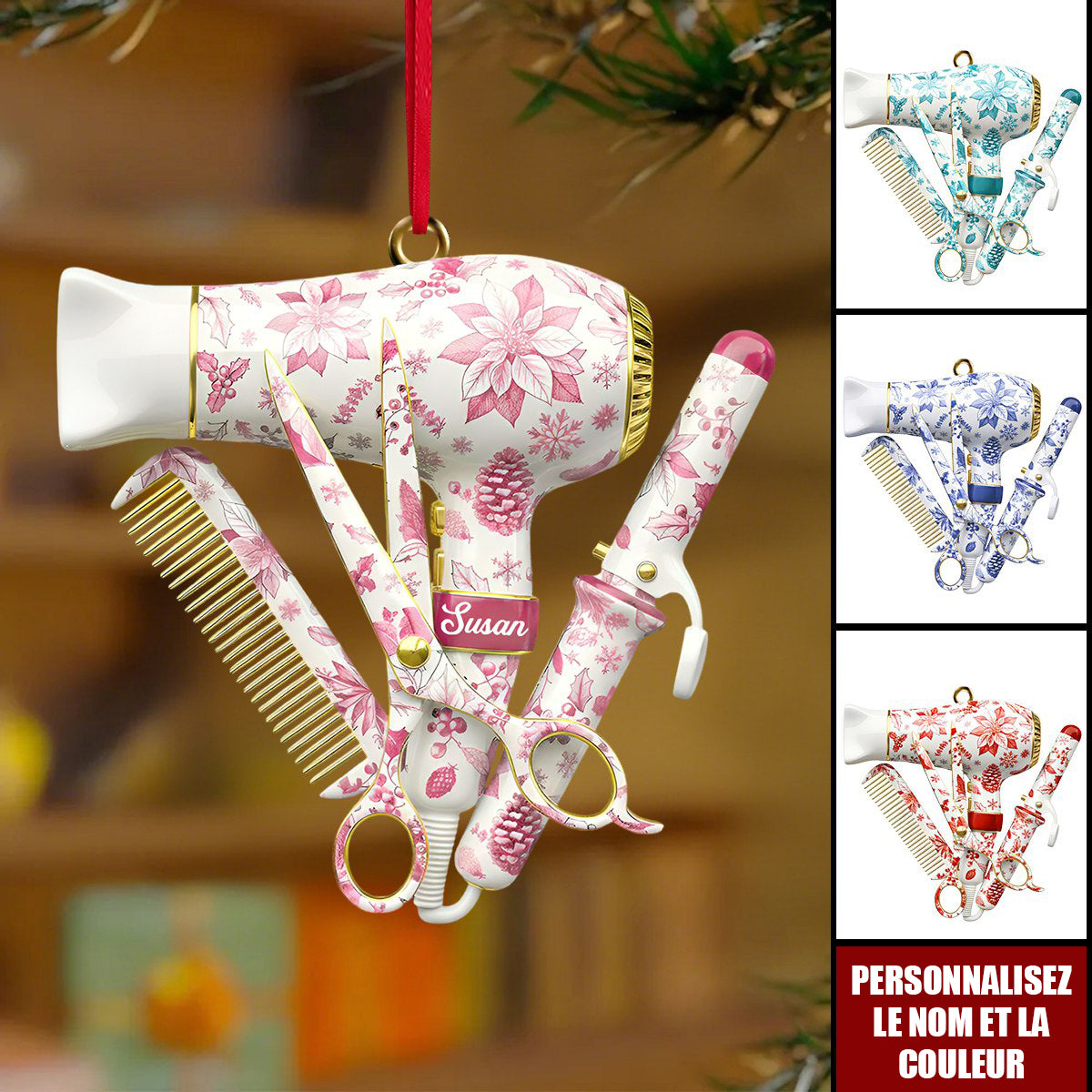 Ornement de Noël pour Coiffeuse – Personnalisez le Nom & la Couleur