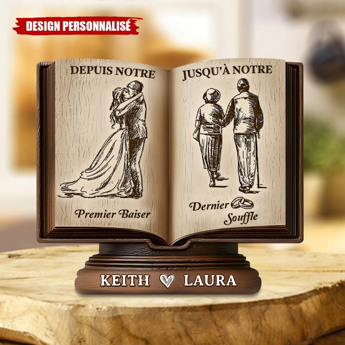 Plaque Personnalisée en Forme de Livre – “Depuis Notre Premier Baiser Jusqu’à Notre Dernier Souffle”