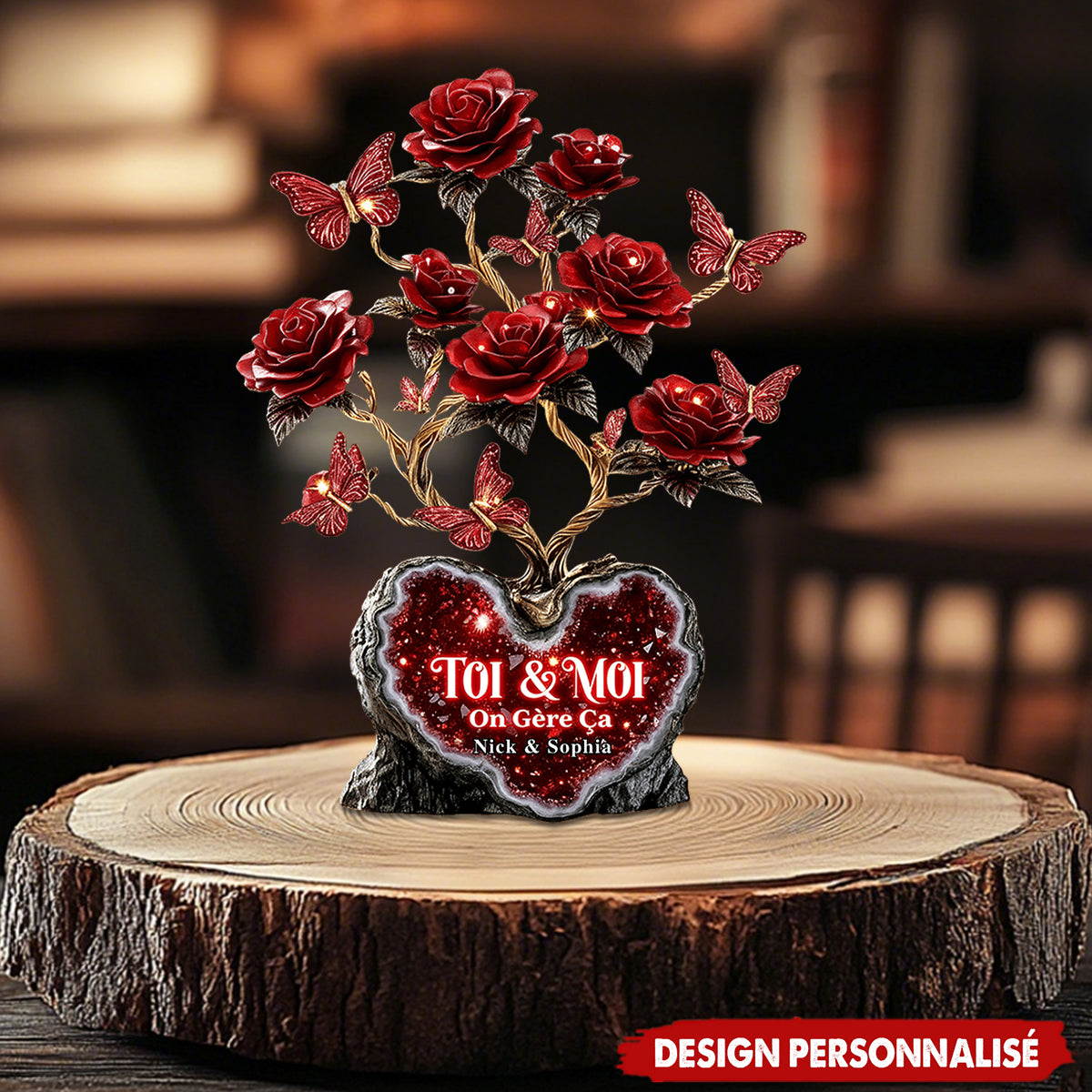 Plaque Personnalisée aux Roses Rouges — Cadeau de Saint-Valentin pour Couple
