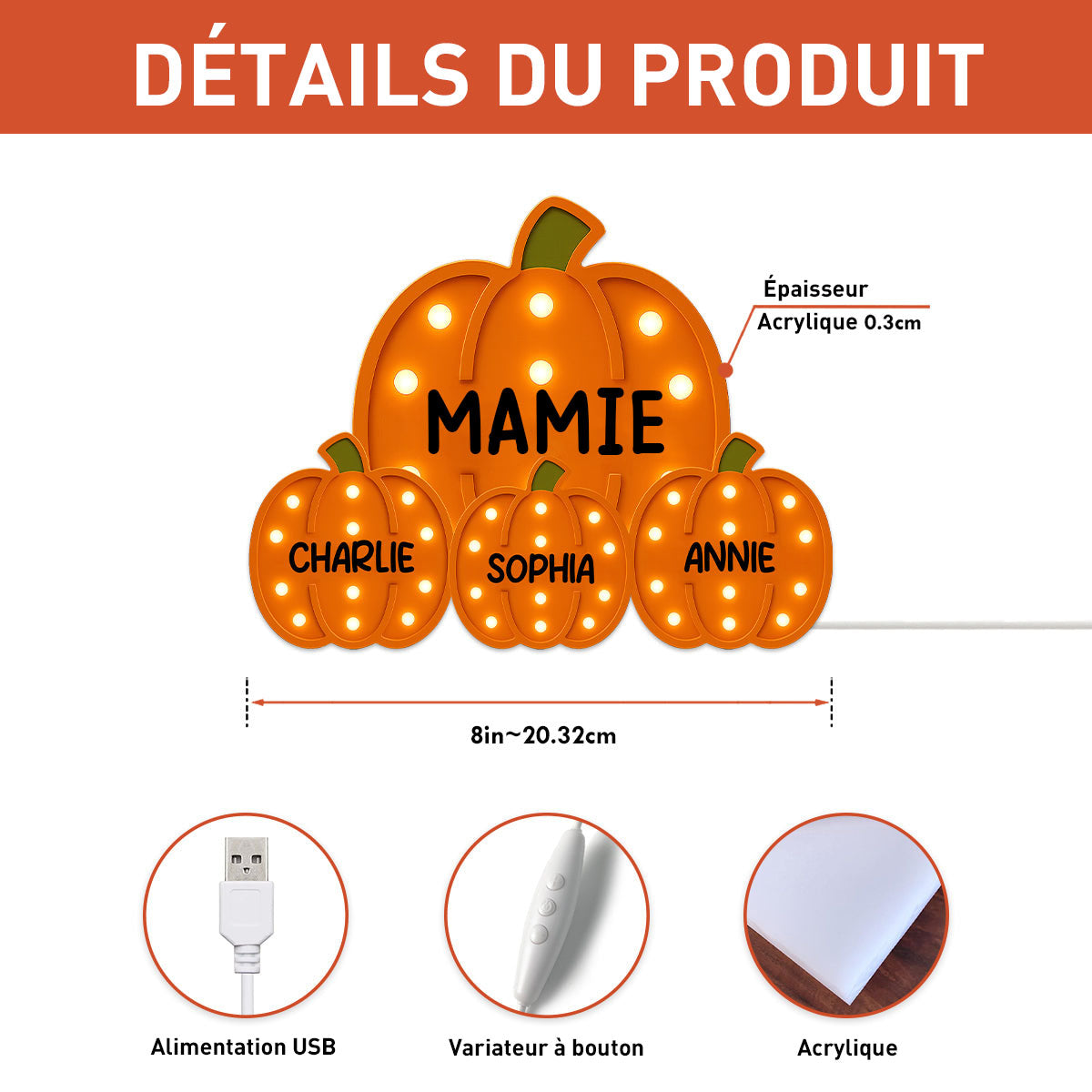 Boîte Lumineuse LED Citrouille Personnalisée – Décoration d’Halloween avec Nom personnalisé