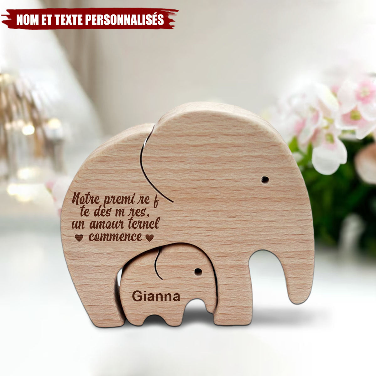 Éléphants en bois personnalisés – Maman et bébé, cadeau pour une première fête des mères