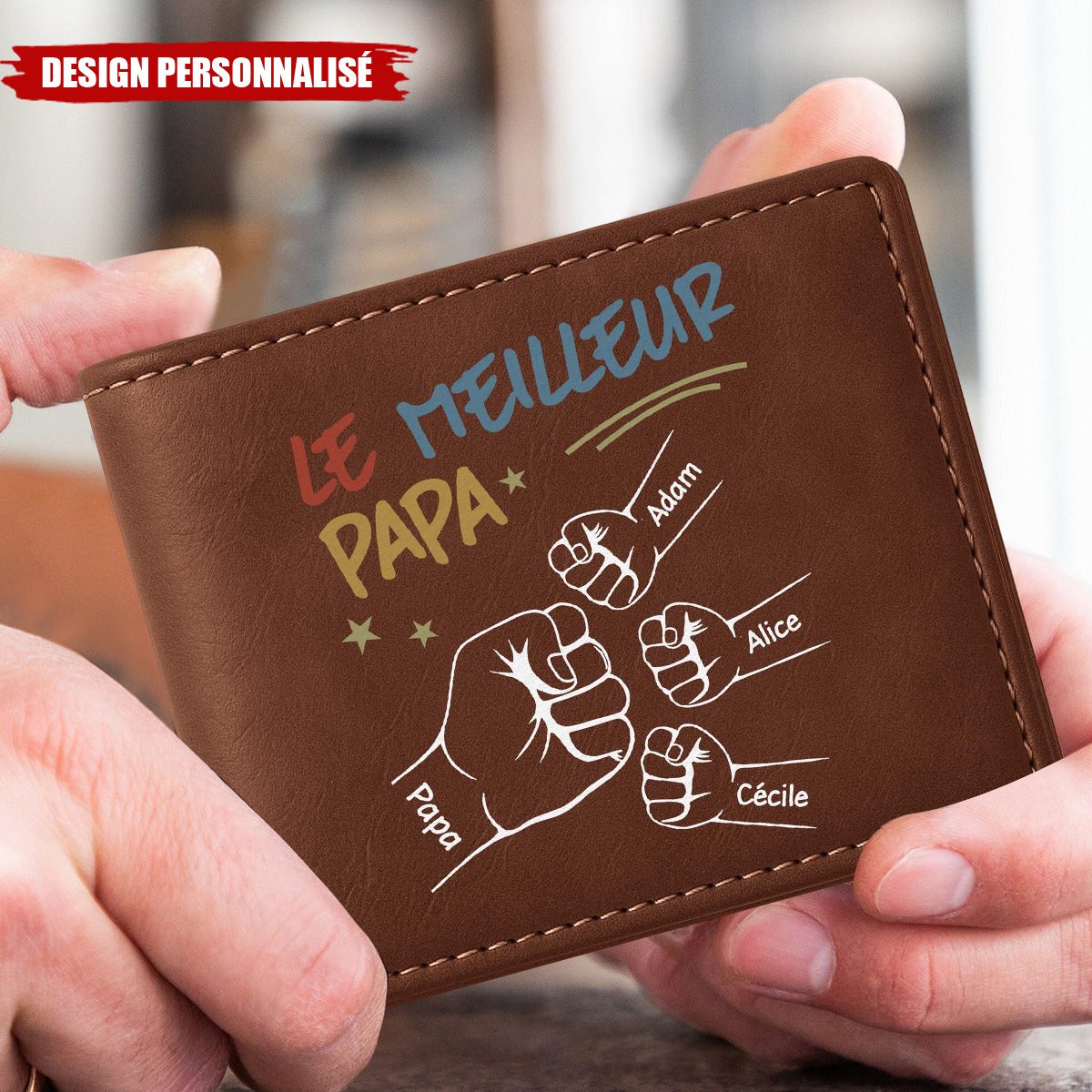 Portefeuille personnalisé – Le Meilleur Papa avec Poings et Prénoms des Enfants