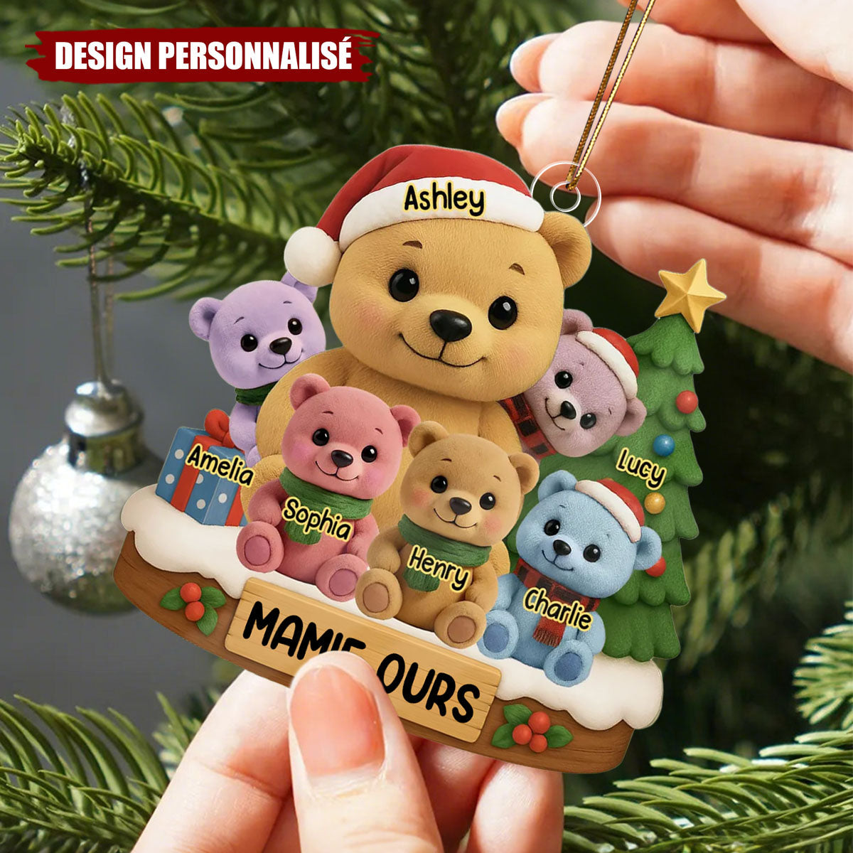 Ornement de Noël Personnalisé en Acrylique – Famille d’Ours avec Prénoms et Sapin