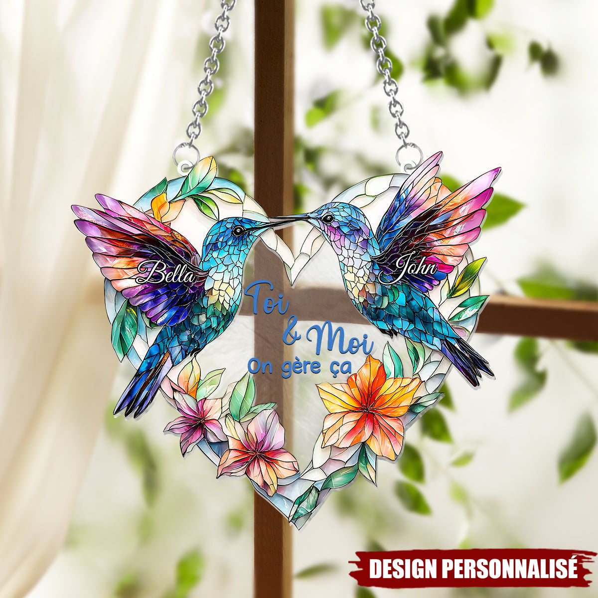 Colibris en Couple – Ornement Attrape-Soleil Personnalisé à Suspendre à la Fenêtre