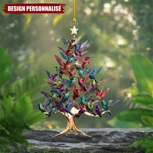 Ornement Acrylique Personnalisé – Arbre de Noël aux Colibris Multicolores