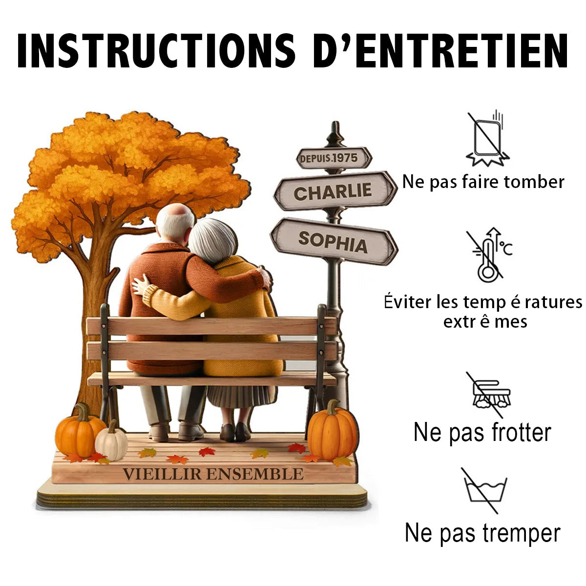 Plaque en bois personnalisée – Couple Âgé sur un Banc, Souvenir d’Amour Éternel