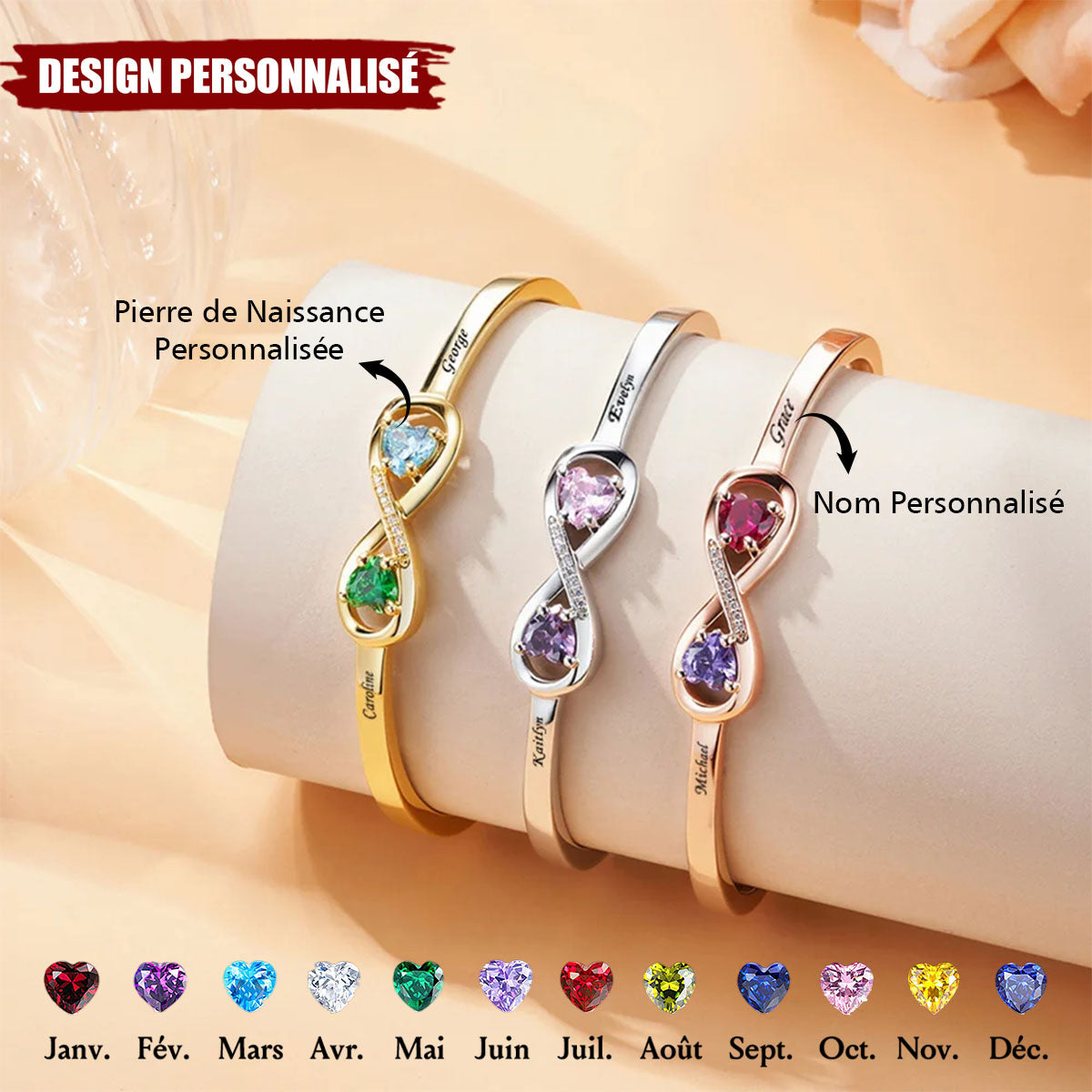 Bracelet Personnalisé avec Noms et Pierres de Naissance en Forme de Cœur - Cadeau Émotionnel et Élégant