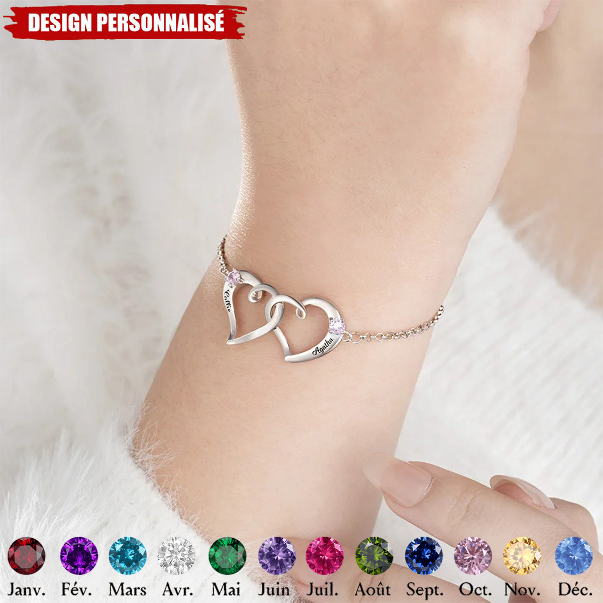 Bracelet Personnalisé Cœurs Entrelacés avec Pierres de Naissance - Cadeau Émotionnel et Élégant