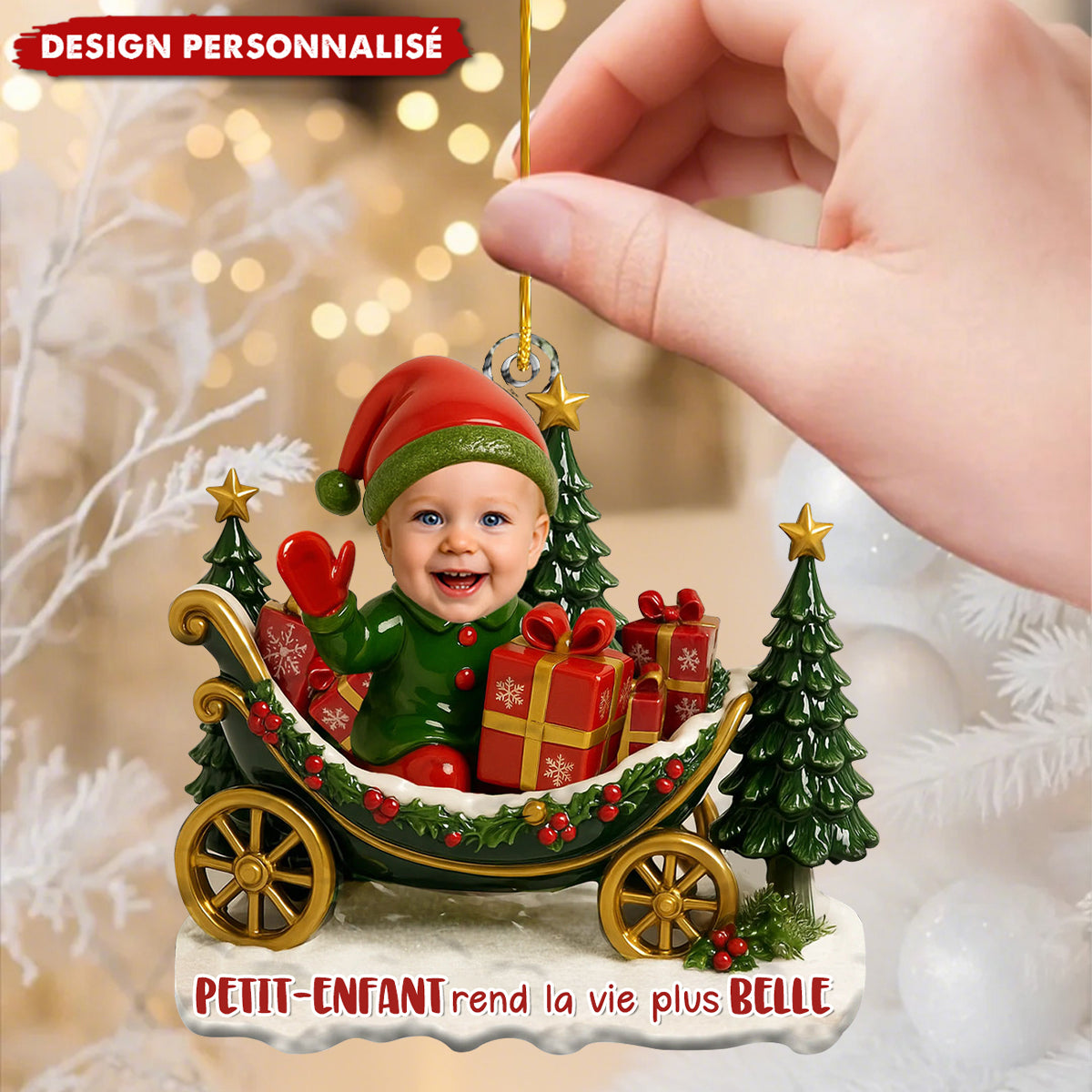 Décoration de Sapin Personnalisée – Traîneau de Noël avec Enfants