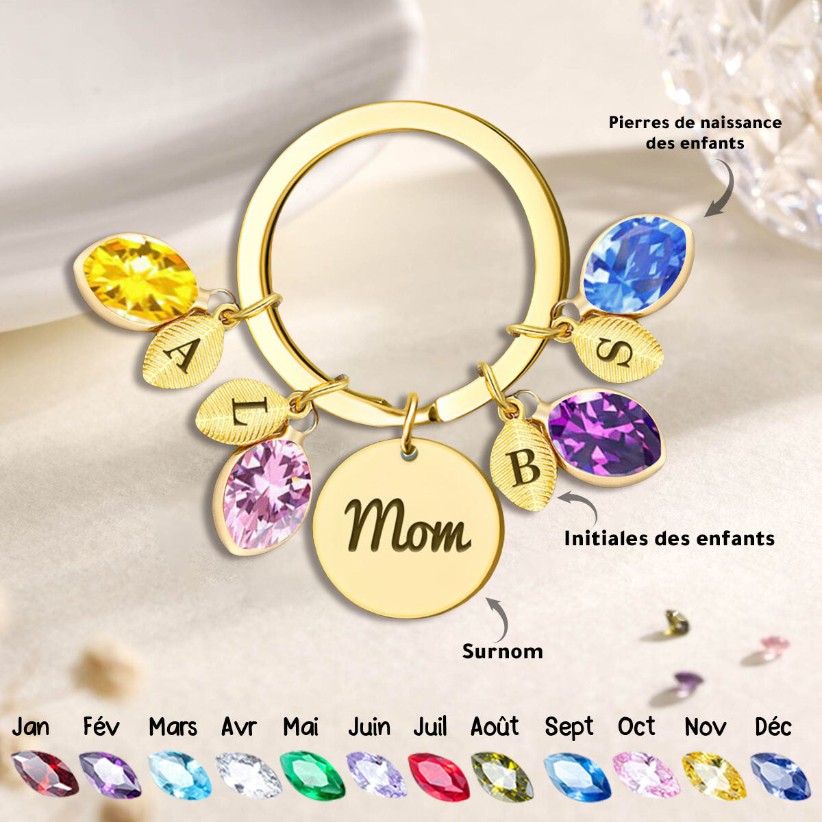 Porte-clés personnalisé pour maman avec pierres de naissance et initiales