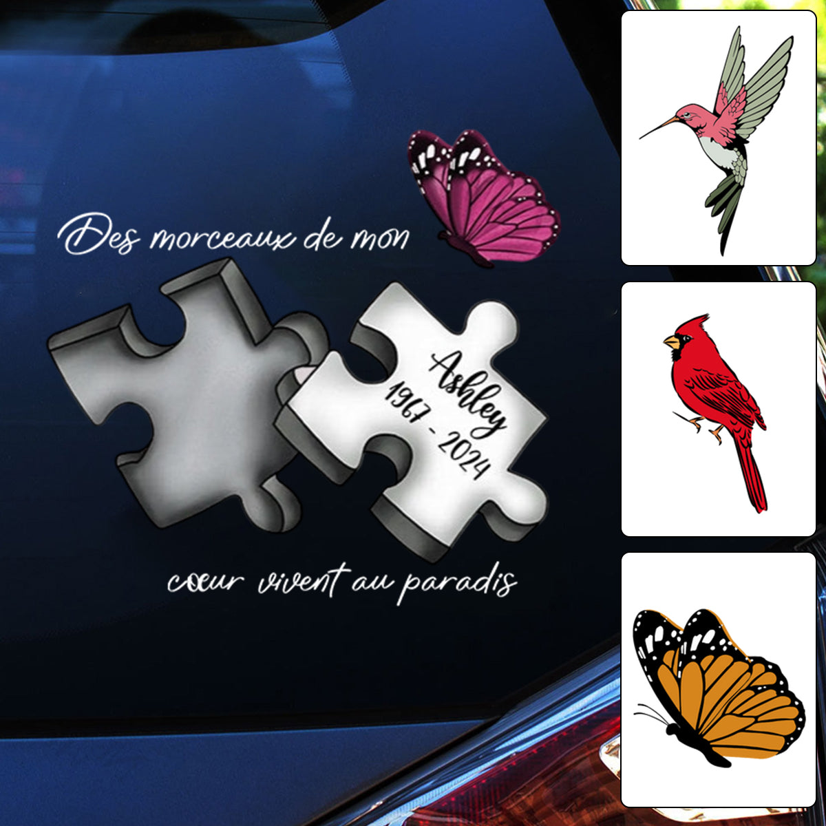 Autocollant Commémoratif Personnalisé pour Voiture – Pièce de Puzzle avec Nom, Dates et Papillon