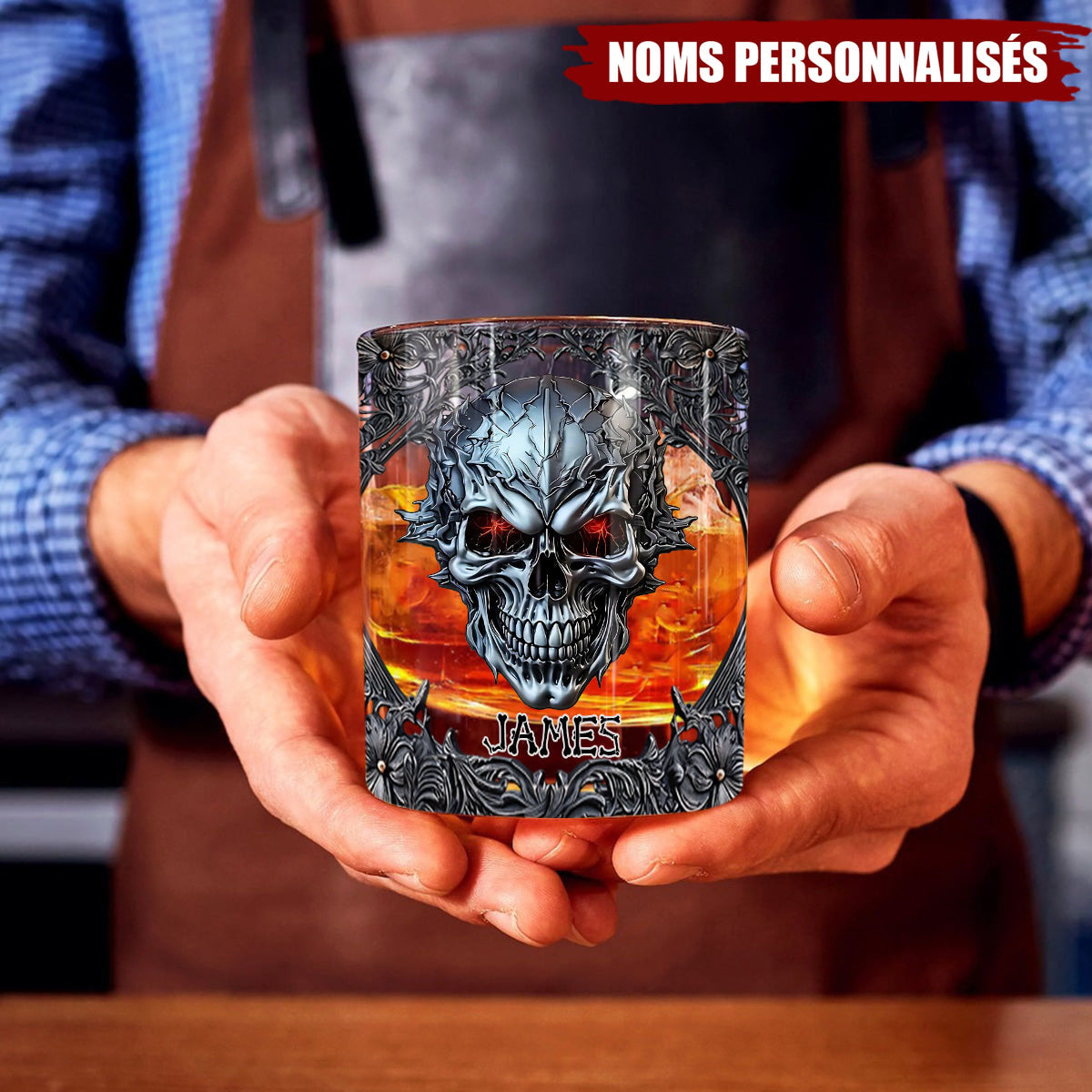 Verre à Whisky Crâne Métallique Personnalisé – Gravure de Nom