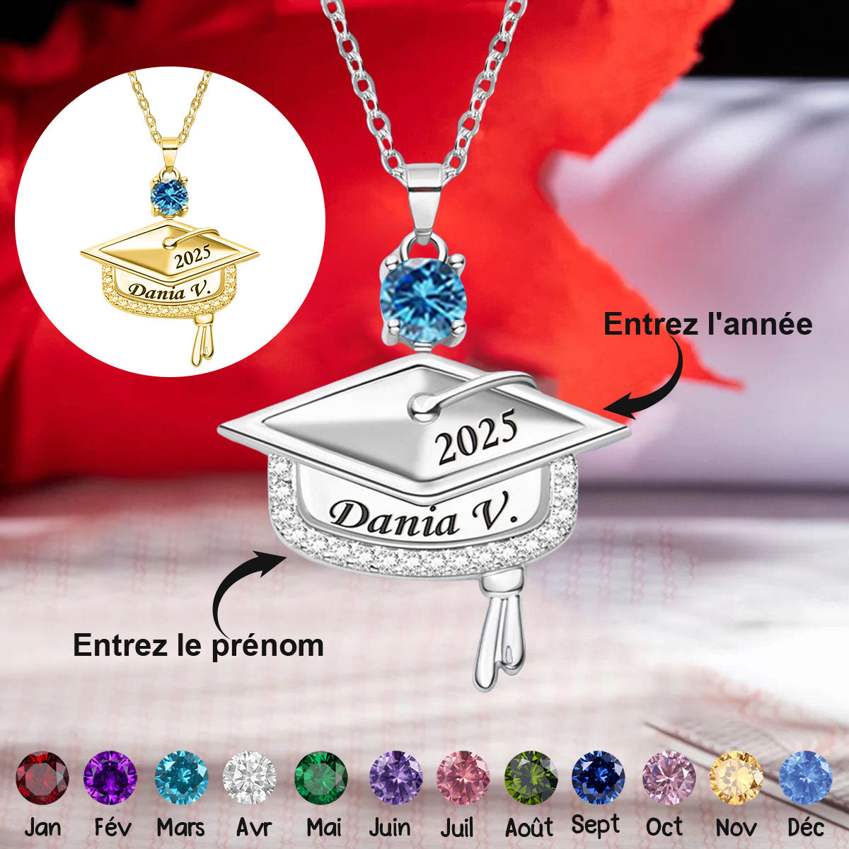 Collier Personnalisé de Remise de Diplôme avec Pierre de Naissance – Cadeau Mémorable