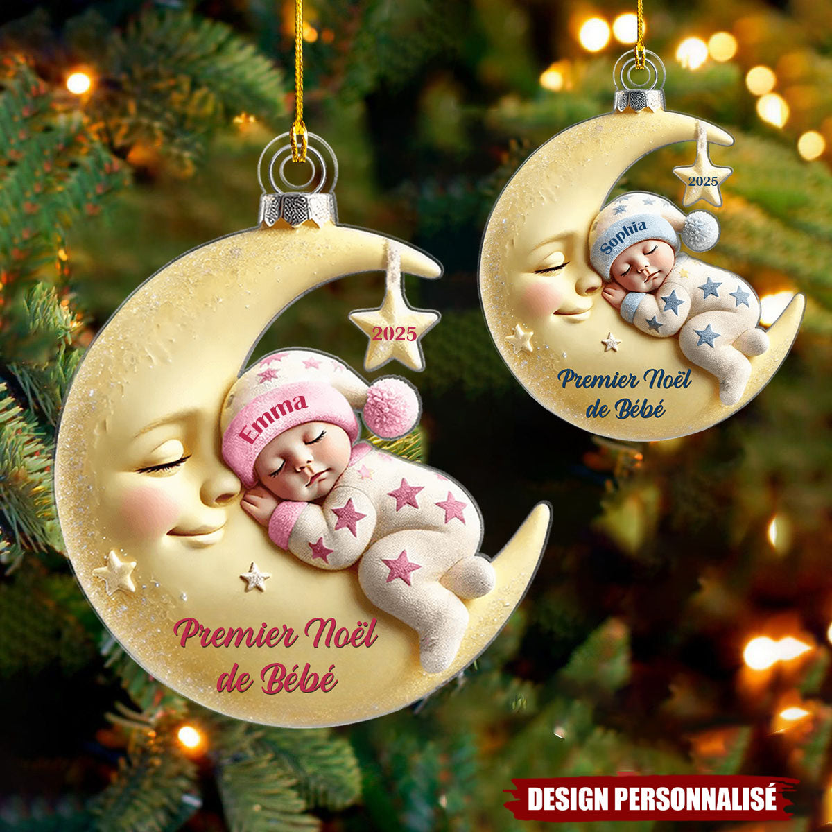 Premier Noël de Bébé – Décoration Personnalisée en Acrylique avec Lune et Bébé Dormant
