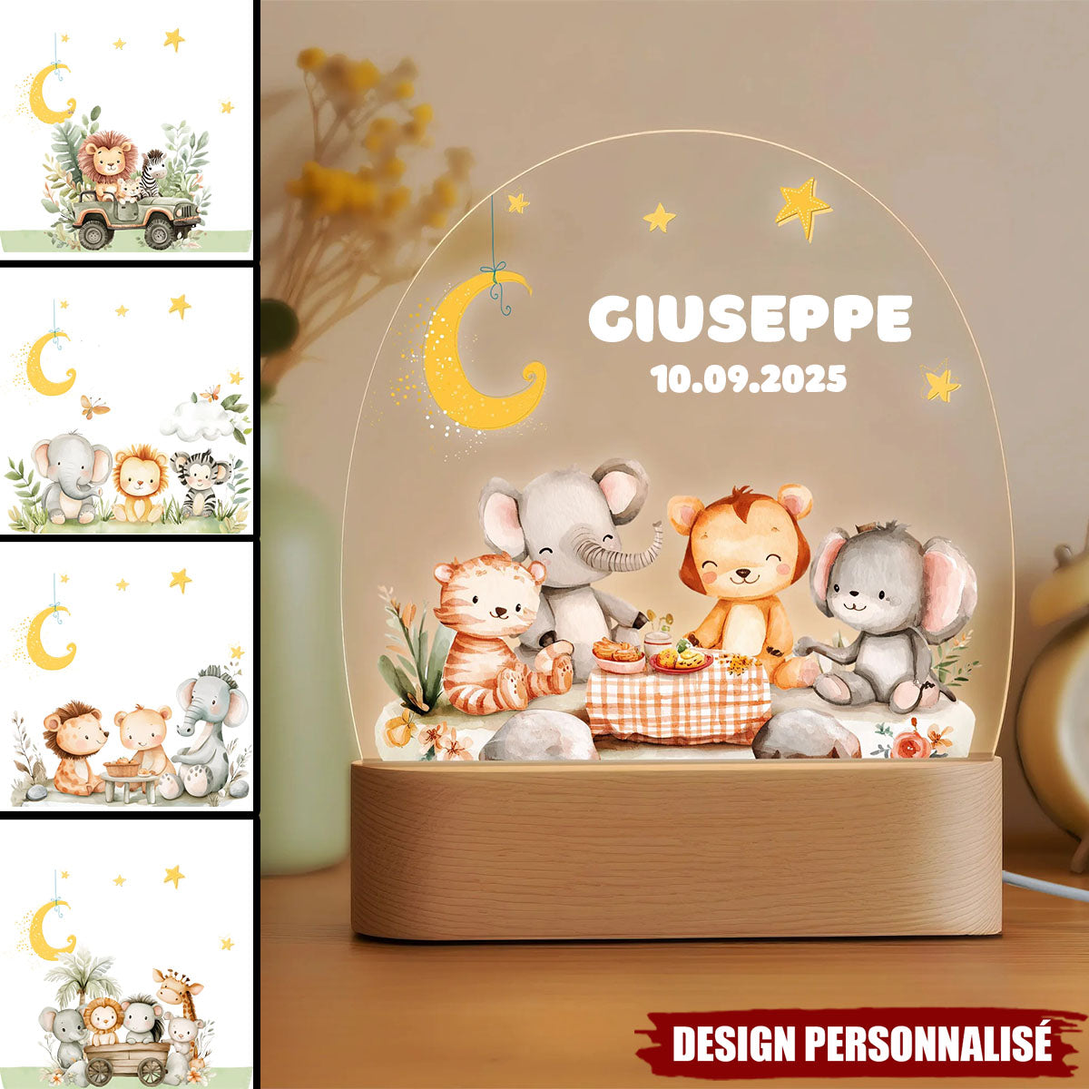 Lampe LED Personnalisée – Animaux de la Savane sous la Lune