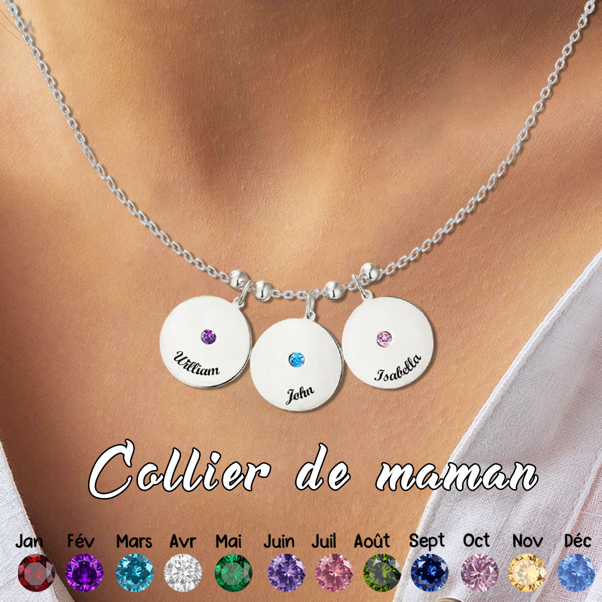 Collier Personnalisé avec Nom Gravé et Pierre de Naissance – Cadeau pour la Fête des Mères
