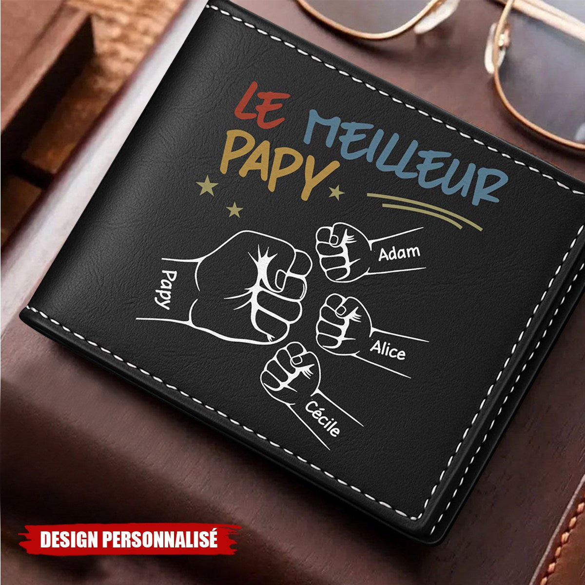 Portefeuille personnalisé – Le Meilleur Papa avec Poings et Prénoms des Enfants