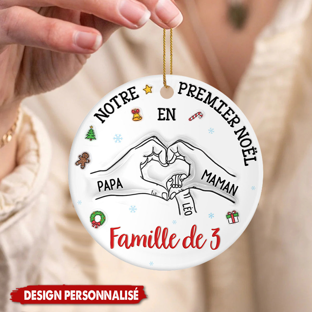 Ornement de Noël en Céramique Personnalisé – Premier Noël en Famille avec Prénoms et Date