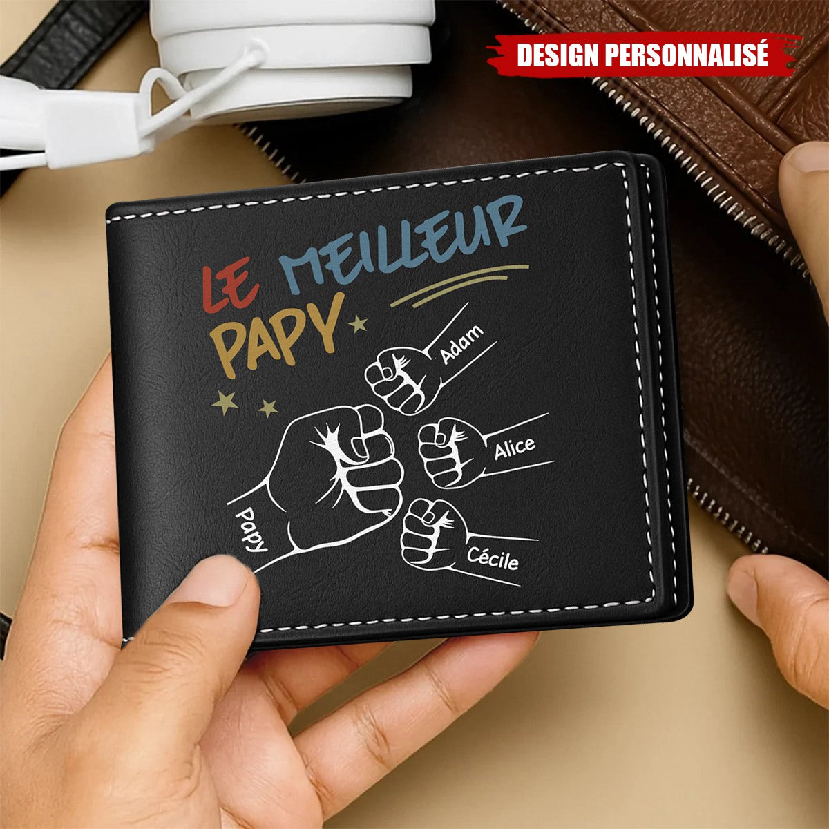 Portefeuille personnalisé – Le Meilleur Papa avec Poings et Prénoms des Enfants