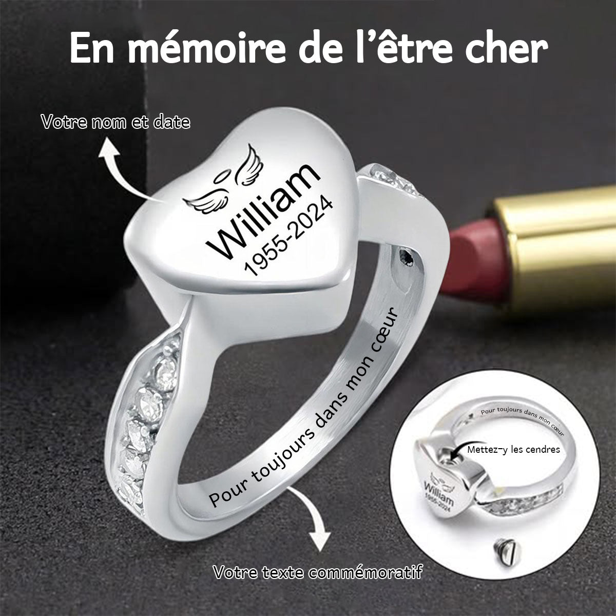 Bague commémorative en acier inoxydable personnalisée avec urne en forme de cœur