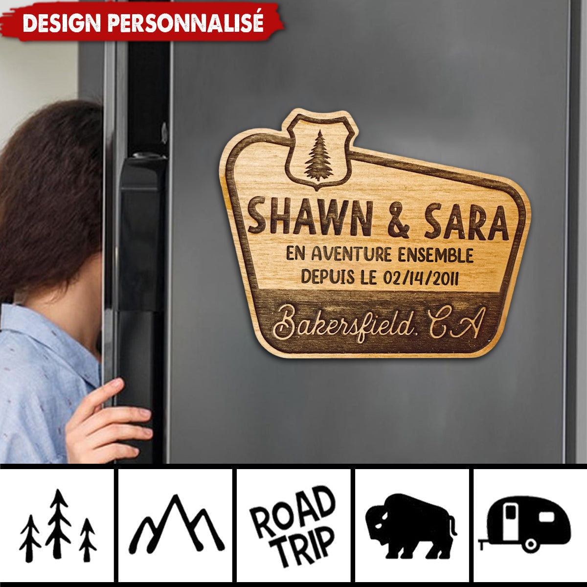 Magnet Frigo en Bois Personnalisé - Souvenir de Voyage Romantique pour Couple