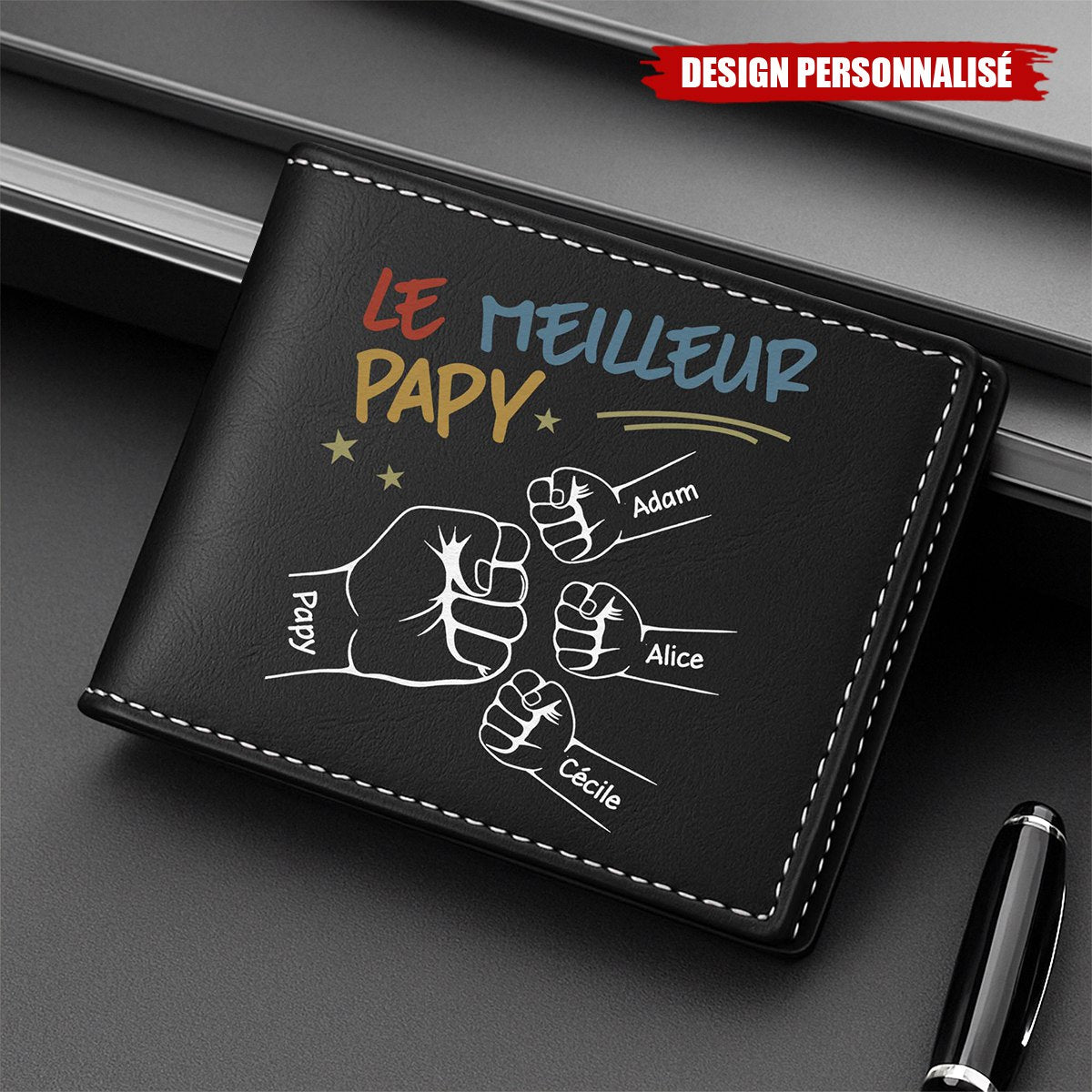 Portefeuille personnalisé – Le Meilleur Papa avec Poings et Prénoms des Enfants