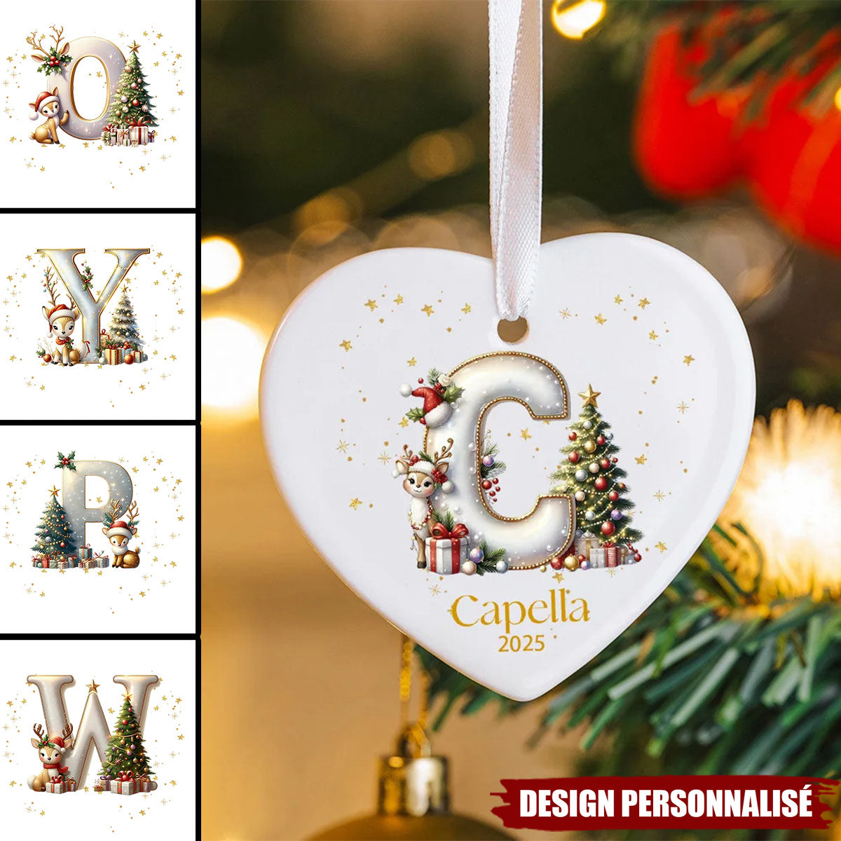 Décoration de Noël Personnalisée avec Initiale – Cerf et Sapin Magiques 2025