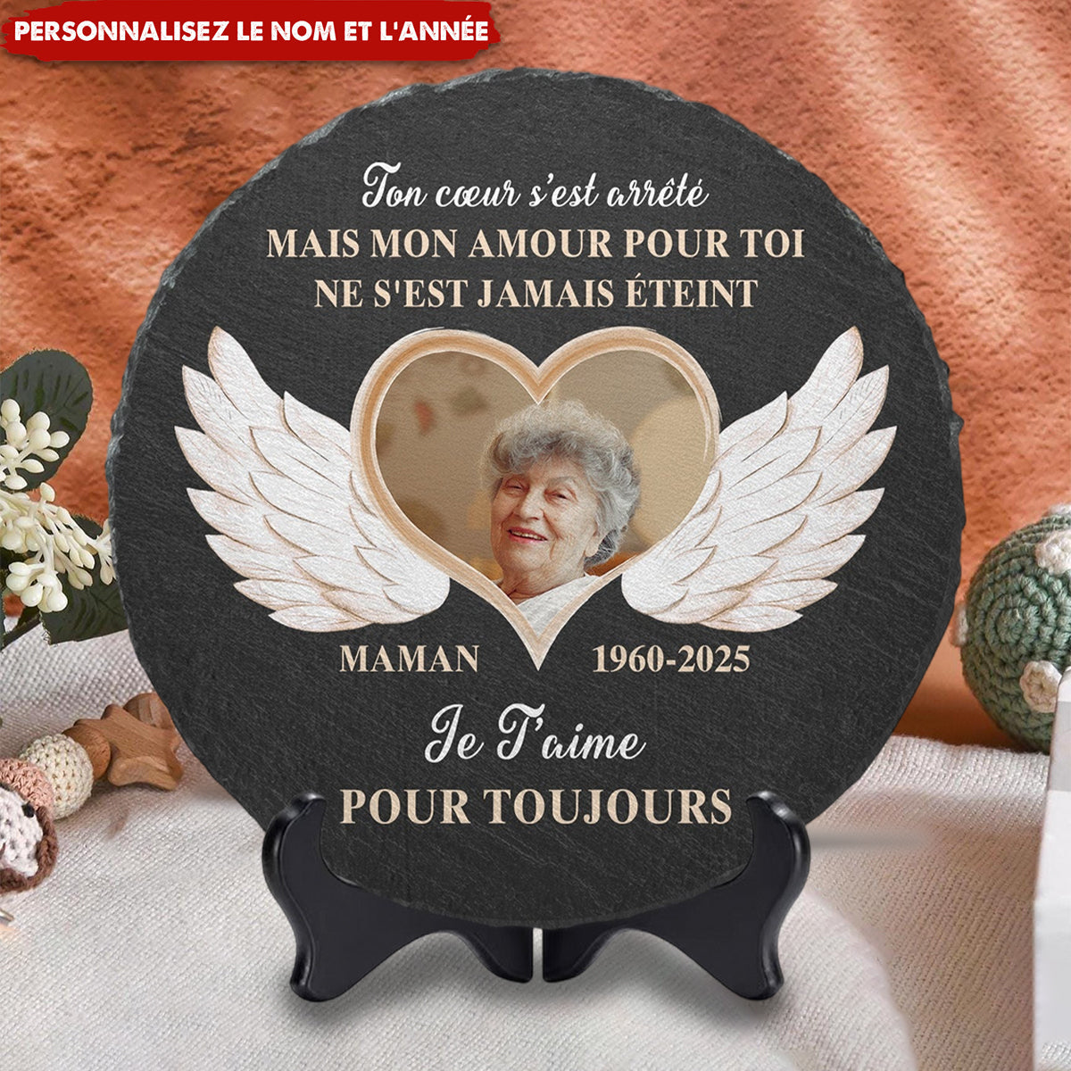 Pierre Commémorative Personnalisée avec Ailes d'Ange – Hommage Éternel à un Être Cher
