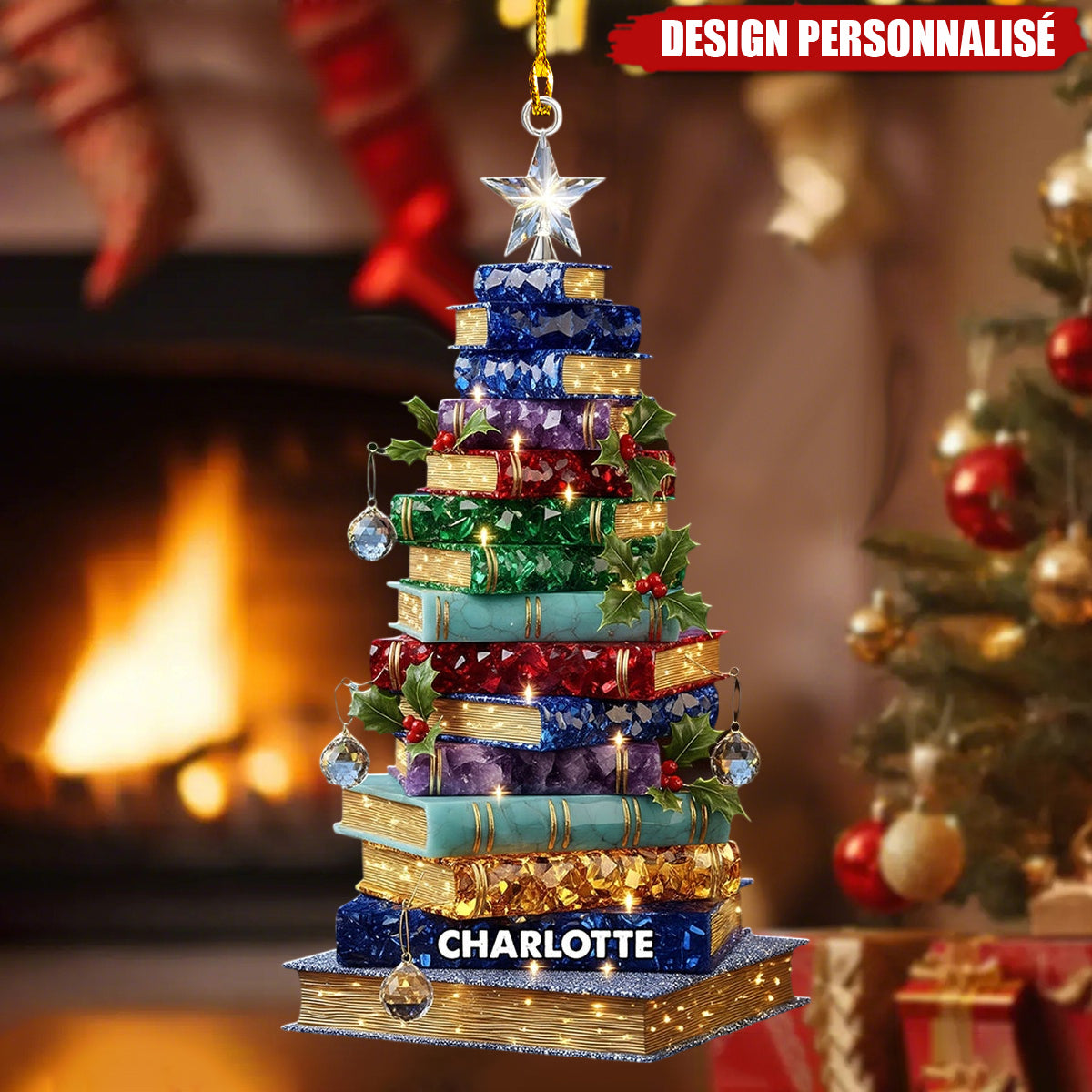Ornement de Noël Personnalisée en Forme de Sapin de Livres - Cadeau pour Amateur de Lecture