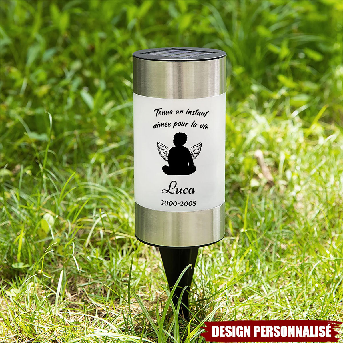 Lampe Solaire de Jardin Personnalisée – Cadeau commémoratif familial avec nom et silhouette