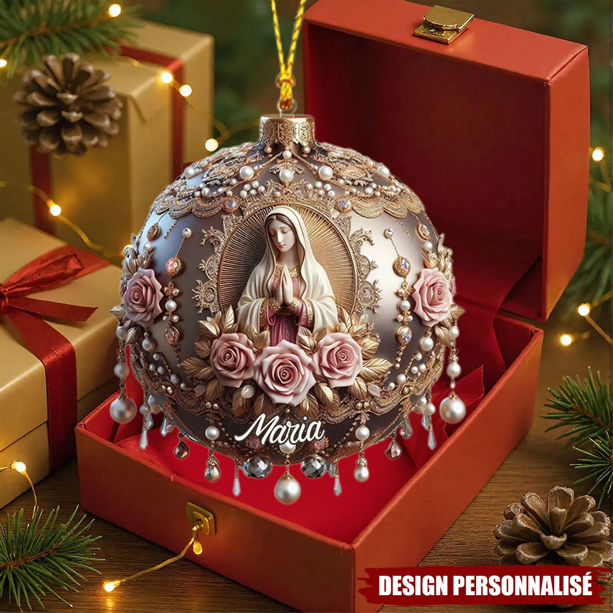 Ornement Chrétien Personnalisé – Vierge Marie et Roses Élégantes