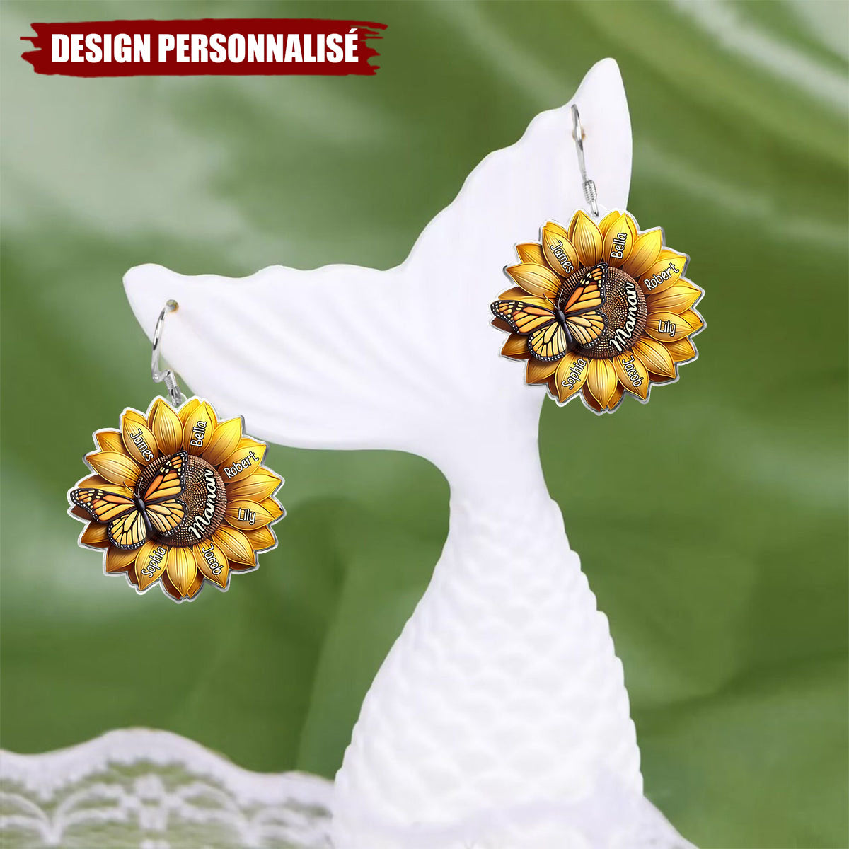 Boucles d’oreilles personnalisées Tournesol – Cadeau Unique pour Maman