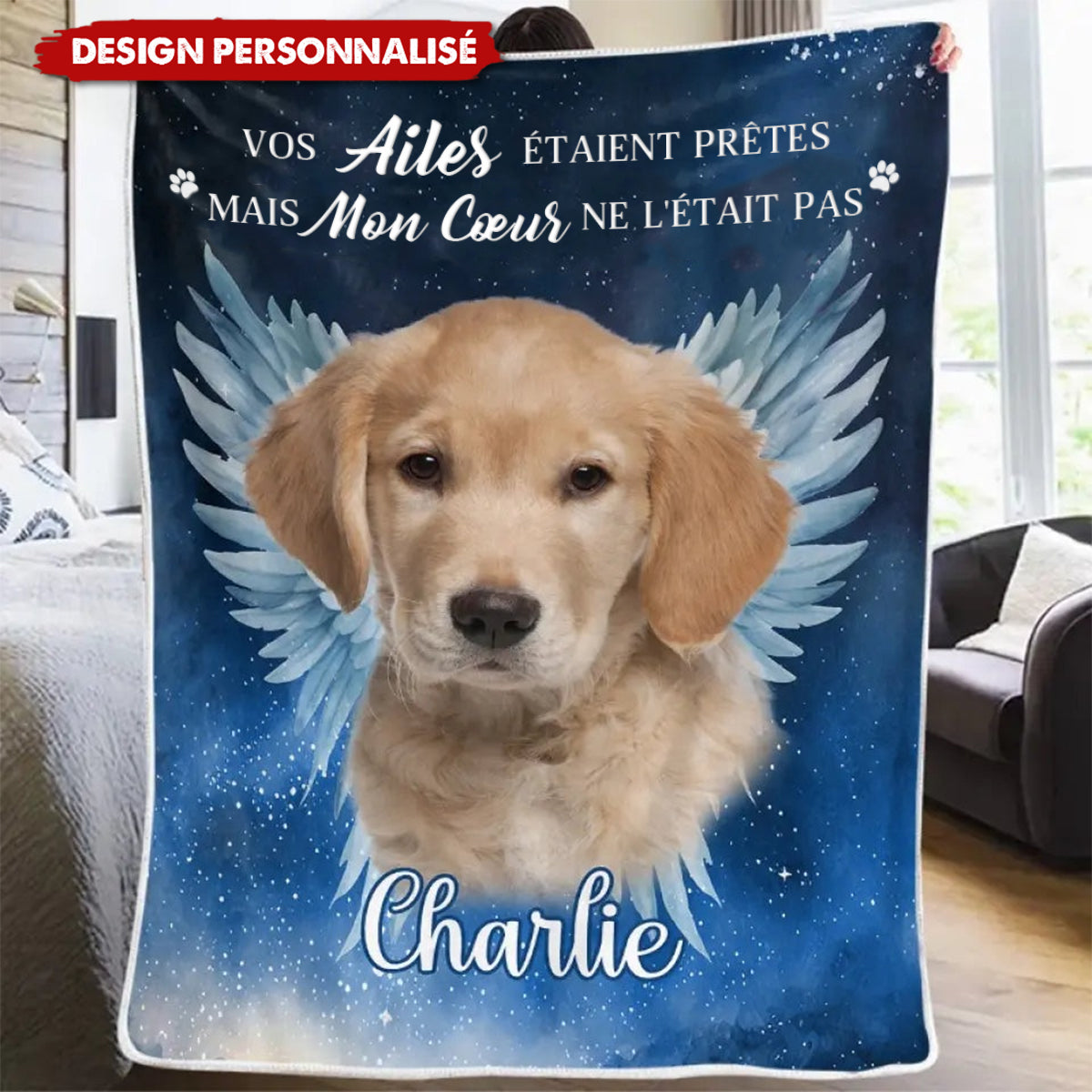 Couverture Personnalisée avec Photo d’Animal – Hommage Émotionnel avec Ailes d’Ange et Prénom