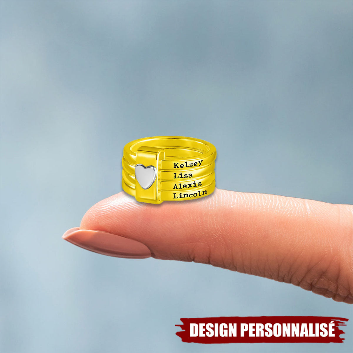 Bague Personnalisée avec Prénoms – Design Empilable avec Cœur Gravé