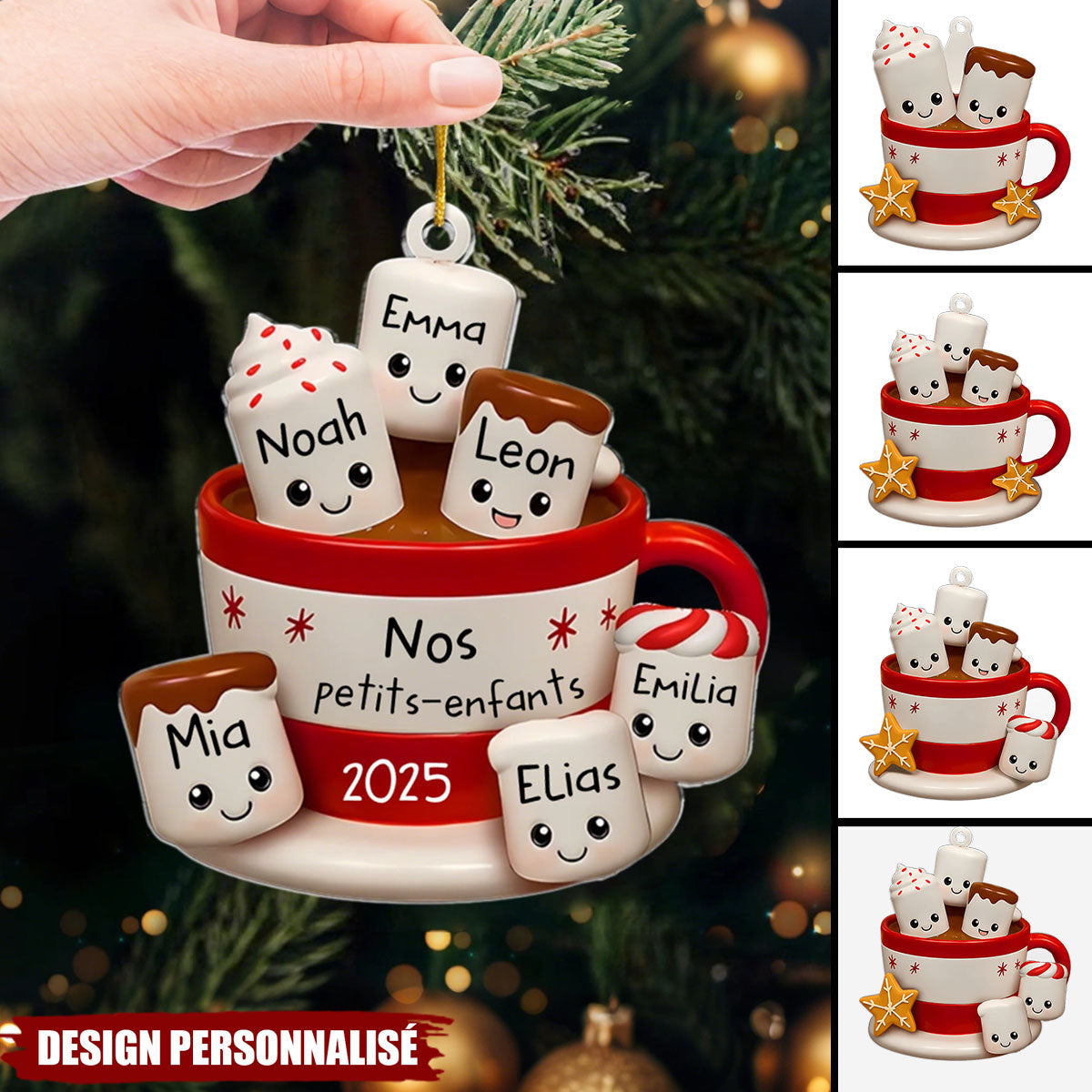 Ornement de Noël en Acrylique Personnalisé – Tasse de Chocolat Chaud avec Prénoms des Petits-Enfants