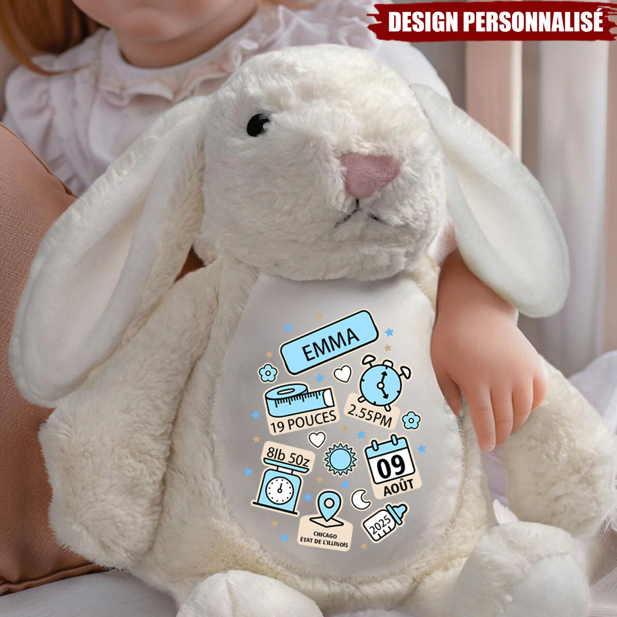 Peluche lapin personnalisée – Souvenir de naissance unique